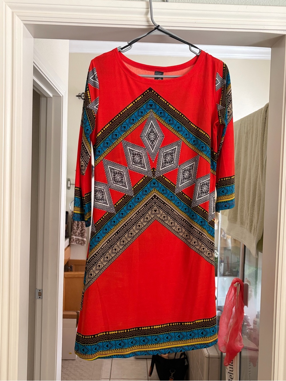 JM Collection Red Midi Dress with Blue, Black and Cream Geometric Print